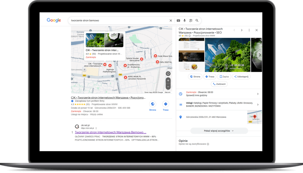 Wyniki SEO w wyszukiwarce internetowej Google