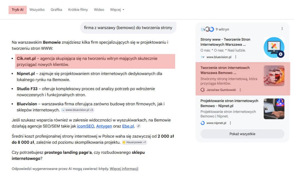 Przykład wyszukania odpowiedniej firmy do tworzenia stron internetowych za pomocą AI